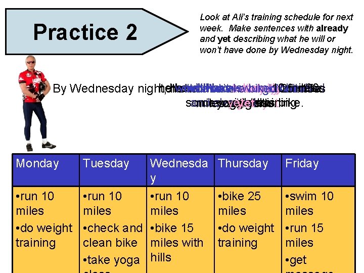 Practice 2 Look at Ali’s training schedule for next week. Make sentences with already