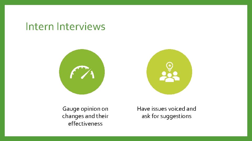 Intern Interviews Gauge opinion on changes and their effectiveness Have issues voiced and ask