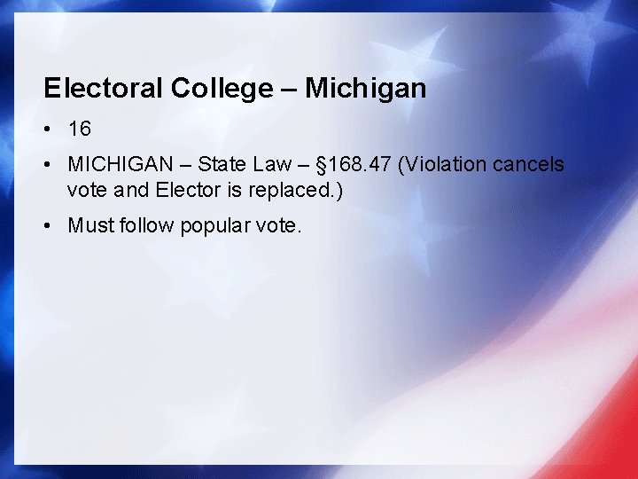 Electoral College – Michigan • 16 • MICHIGAN – State Law – § 168.