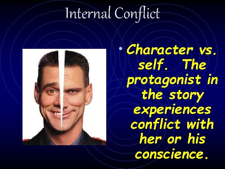 Internal Conflict • Character vs. self. The protagonist in the story experiences conflict with