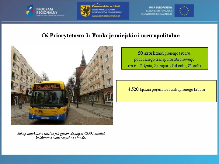Oś Priorytetowa 3: Funkcje miejskie i metropolitalne 50 sztuk zakupionego taboru publicznego transportu zbiorowego