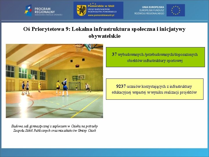 Oś Priorytetowa 9: Lokalna infrastruktura społeczna i inicjatywy obywatelskie 37 wybudowanych /przebudowanych/doposażonych obiektów infrastruktury