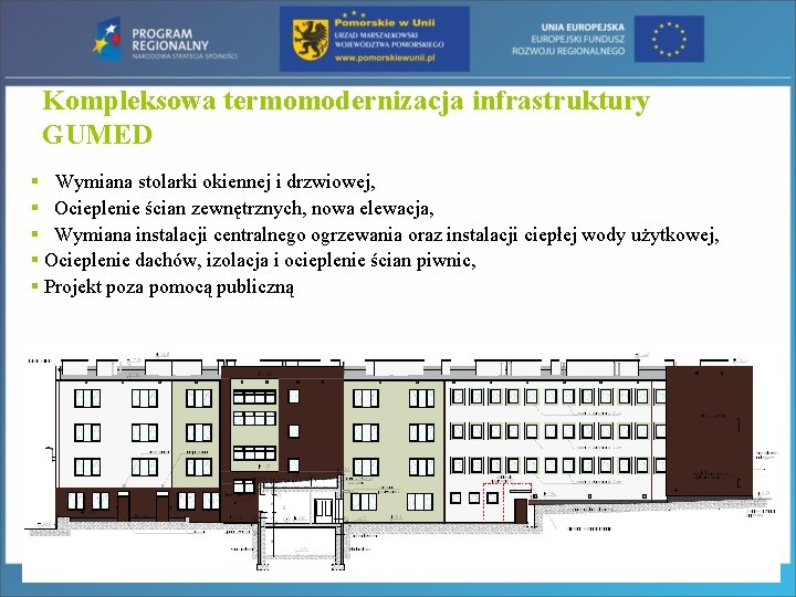 Kompleksowa termomodernizacja infrastruktury GUMED § Wymiana stolarki okiennej i drzwiowej, § Ocieplenie ścian zewnętrznych,