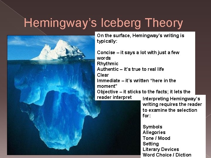 Hemingway’s Iceberg Theory On the surface, Hemingway’s writing is typically: Concise – it says