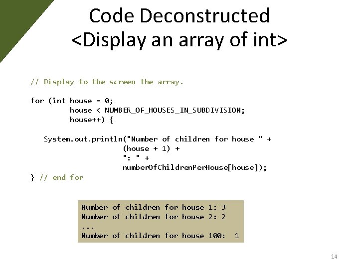 Code Deconstructed <Display an array of int> // Display to the screen the array. Code Deconstructed <Display an array of int> // Display to the screen the array.