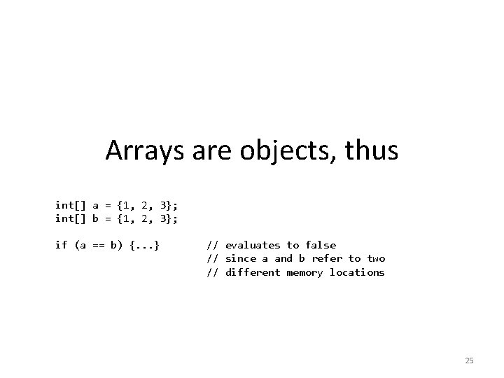 Arrays are objects, thus int[] a = {1, 2, 3}; int[] b = {1,