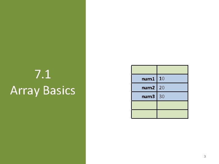 7. 1 Array Basics num 1 10 num 2 20 num 3 30 3 7. 1 Array Basics num 1 10 num 2 20 num 3 30 3