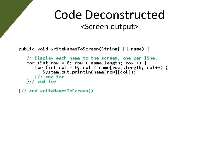 Code Deconstructed <Screen output> public void write. Names. To. Screen(String[][] name) { // Display