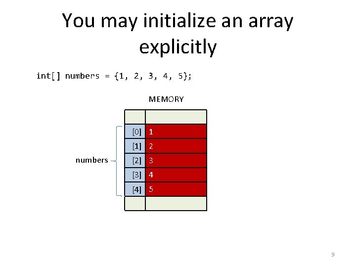 You may initialize an array explicitly int[] numbers = {1, 2, 3, 4, 5};