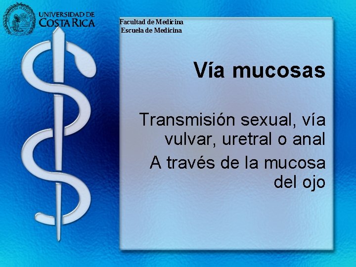 Facultad de Medicina Escuela de Medicina Vía mucosas Transmisión sexual, vía vulvar, uretral o