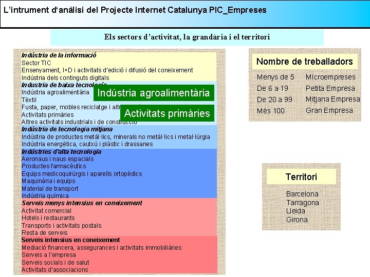 L’intrument d‘análisi del Projecte Internet Catalunya PIC_Empreses Els sectors d’activitat, la grandària i el