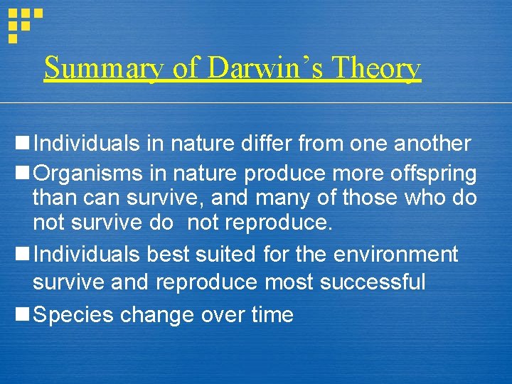 Summary of Darwin’s Theory n Individuals in nature differ from one another n Organisms