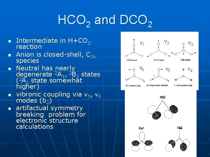 HCO 2 and DCO 2 n n n Intermediate in H+CO 2 reaction Anion