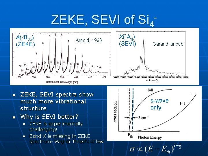 ZEKE, SEVI of Si 4 A(3 B 3 u) (ZEKE) n n Arnold, 1993