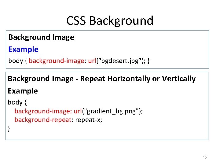 CSS Background Image Example body { background-image: url("bgdesert. jpg"); } Background Image - Repeat