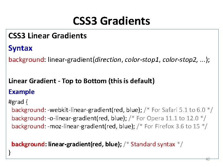 CSS 3 Gradients CSS 3 Linear Gradients Syntax background: linear-gradient(direction, color-stop 1, color-stop 2,