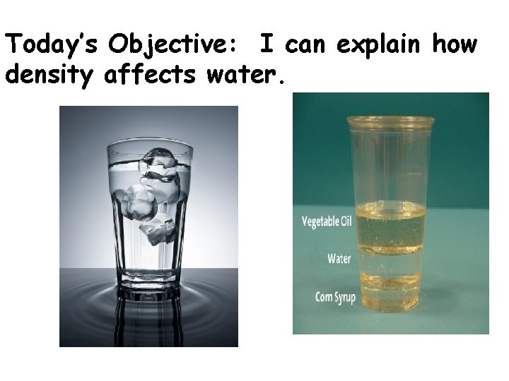 Today’s Objective: I can explain how density affects water. Today’s Objective: I can explain how density affects water.