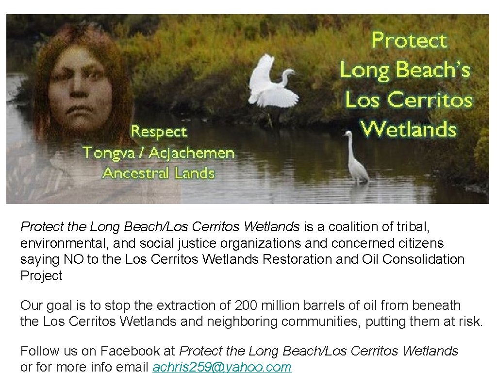 Protect the Long Beach/Los Cerritos Wetlands is a coalition of tribal, environmental, and social