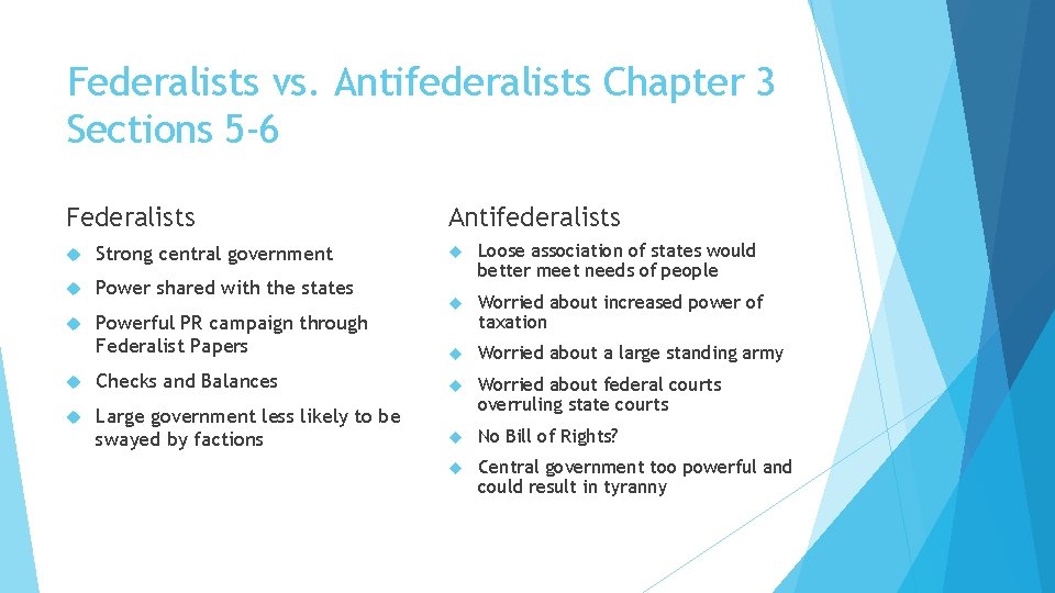 Federalists vs. Antifederalists Chapter 3 Sections 5 -6 Federalists Strong central government Power shared