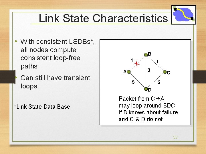 Link State Characteristics • With consistent LSDBs*, all nodes compute consistent loop-free paths •