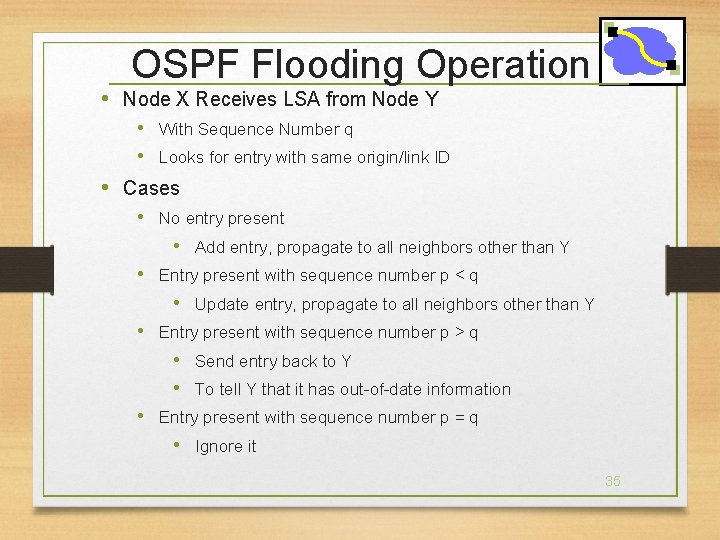 OSPF Flooding Operation • Node X Receives LSA from Node Y • With Sequence