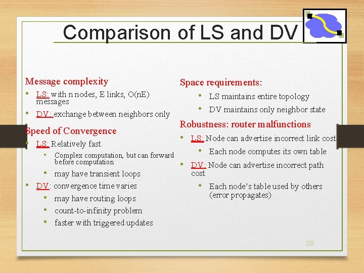 Comparison of LS and DV Message complexity • LS: with n nodes, E links,