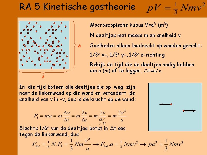 RA 5 Kinetische gastheorie Macroscopische kubus V=a 3 (m 3) N deeltjes met massa