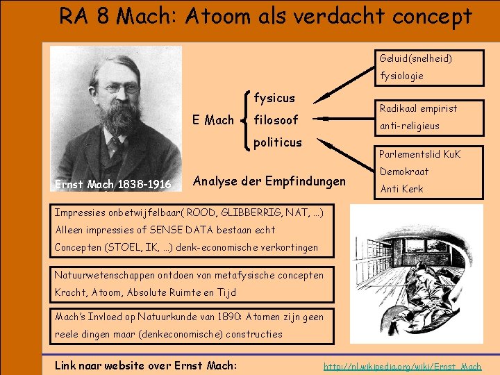 RA 8 Mach: Atoom als verdacht concept Geluid(snelheid) fysiologie fysicus E Mach Radikaal empirist