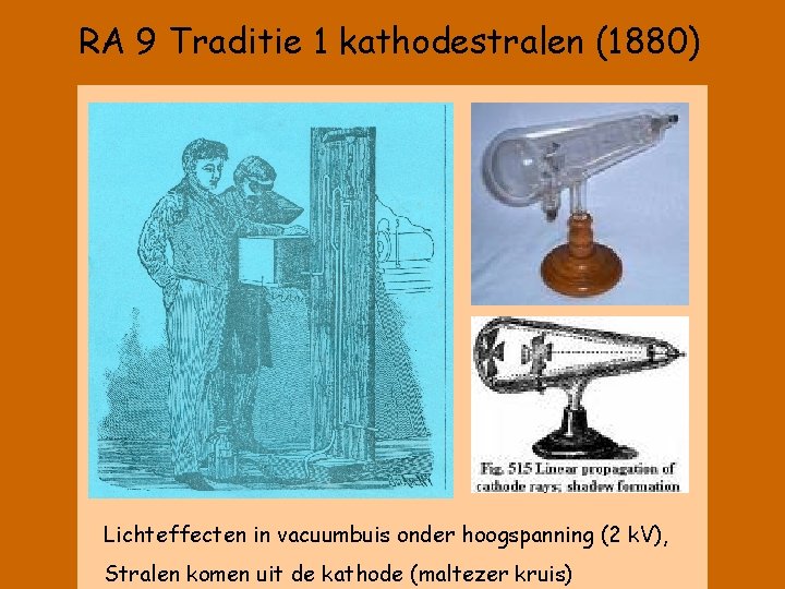 RA 9 Traditie 1 kathodestralen (1880) Lichteffecten in vacuumbuis onder hoogspanning (2 k. V),
