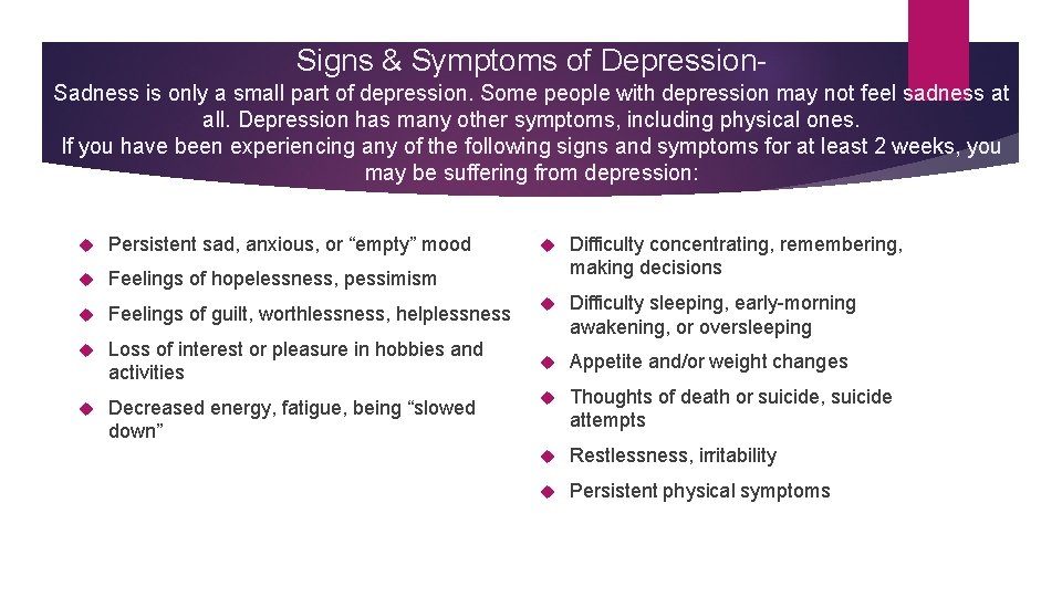 Signs & Symptoms of Depression. Sadness is only a small part of depression. Some Signs & Symptoms of Depression. Sadness is only a small part of depression. Some