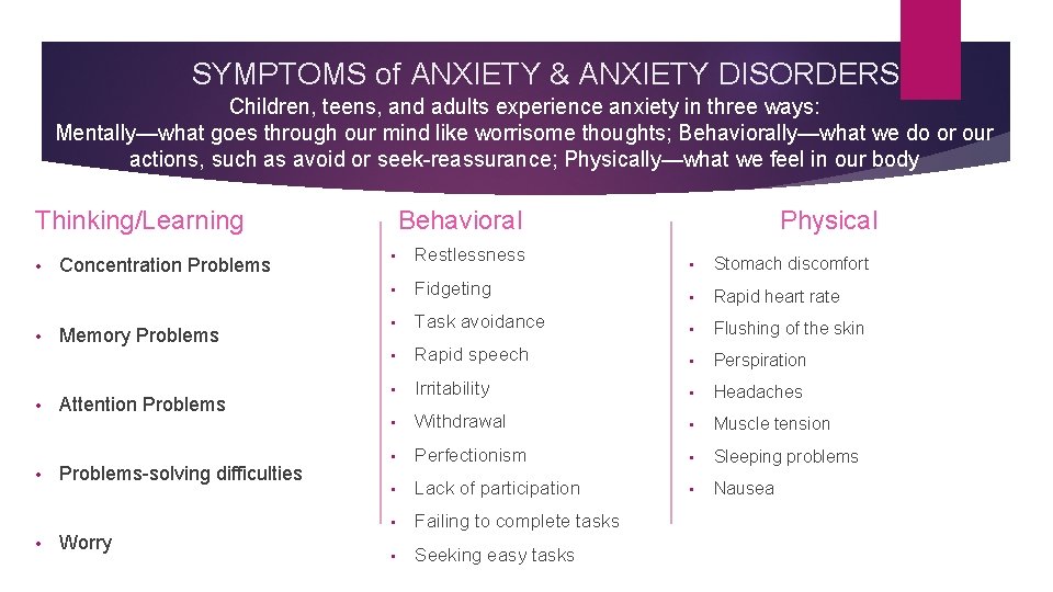 SYMPTOMS of ANXIETY & ANXIETY DISORDERS Children, teens, and adults experience anxiety in three SYMPTOMS of ANXIETY & ANXIETY DISORDERS Children, teens, and adults experience anxiety in three
