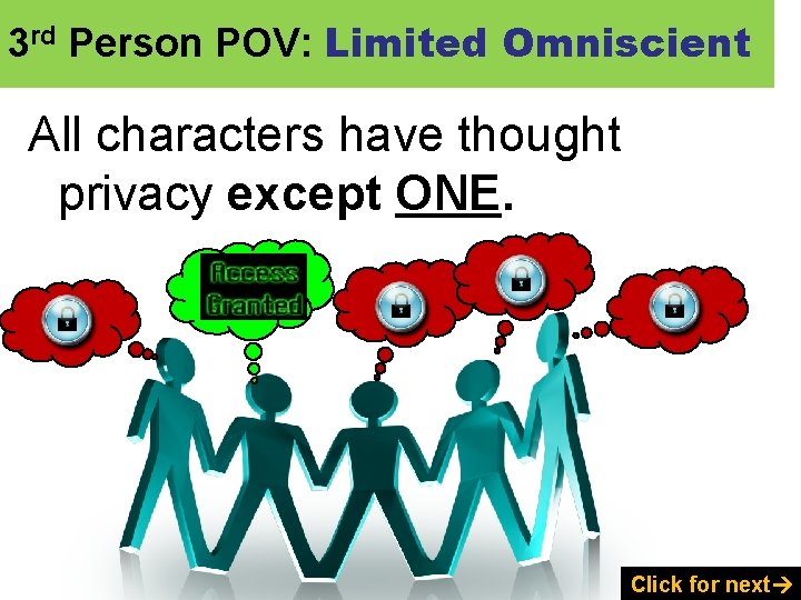 3 rd Person POV: Limited Omniscient All characters have thought privacy except ONE. Click