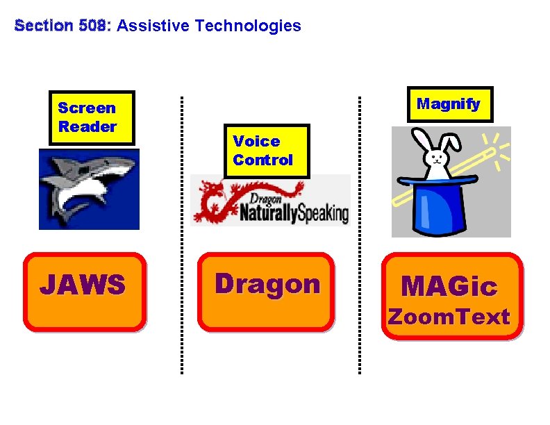 Section 508: Assistive Technologies Screen Reader JAWS Magnify Voice Control Dragon MAGic Zoom. Text