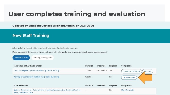 User completes training and evaluation User completes training and evaluation