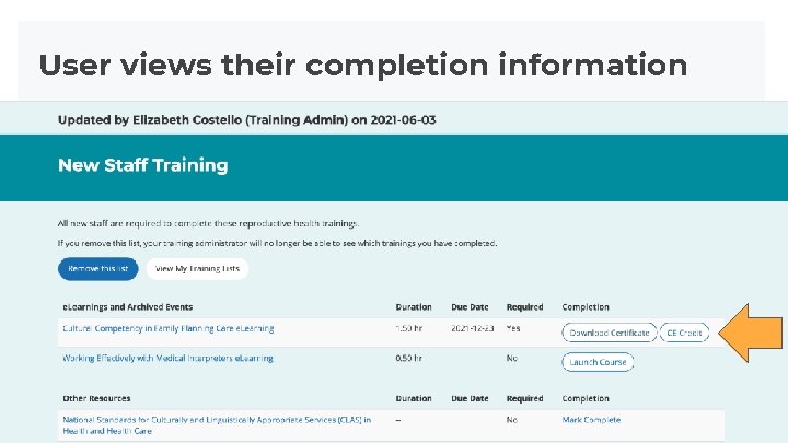User views their completion information User views their completion information
