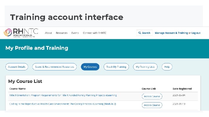 Training account interface Training account interface