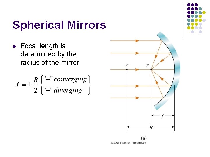 Spherical Mirrors l Focal length is determined by the radius of the mirror Spherical Mirrors l Focal length is determined by the radius of the mirror