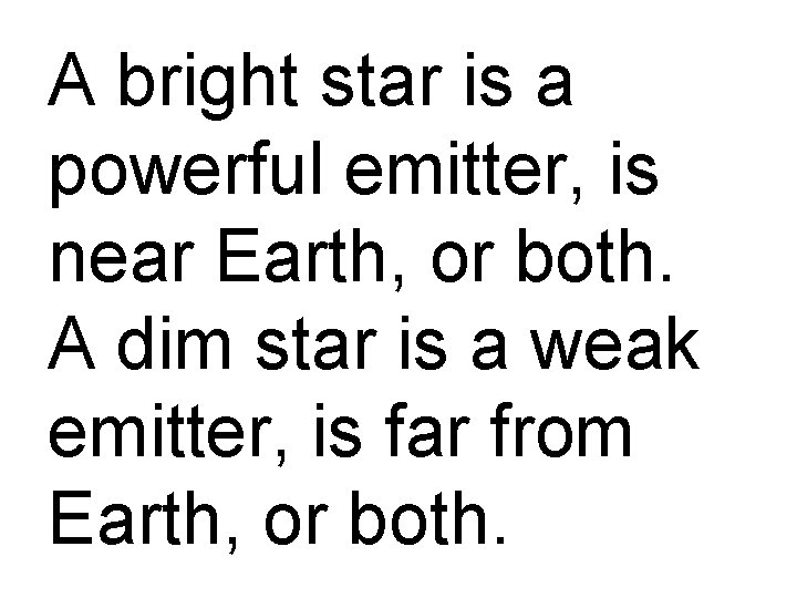 A bright star is a powerful emitter, is near Earth, or both. A dim