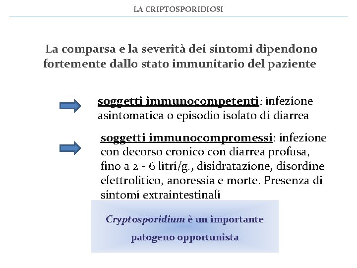 LA CRIPTOSPORIDIOSI La comparsa e la severità dei sintomi dipendono fortemente dallo stato immunitario
