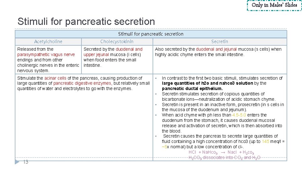 Only in Males’ Slides Stimuli for pancreatic secretion Acetylcholine Released from the parasympathetic vagus