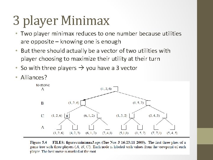 3 player Minimax • Two player minimax reduces to one number because utilities are