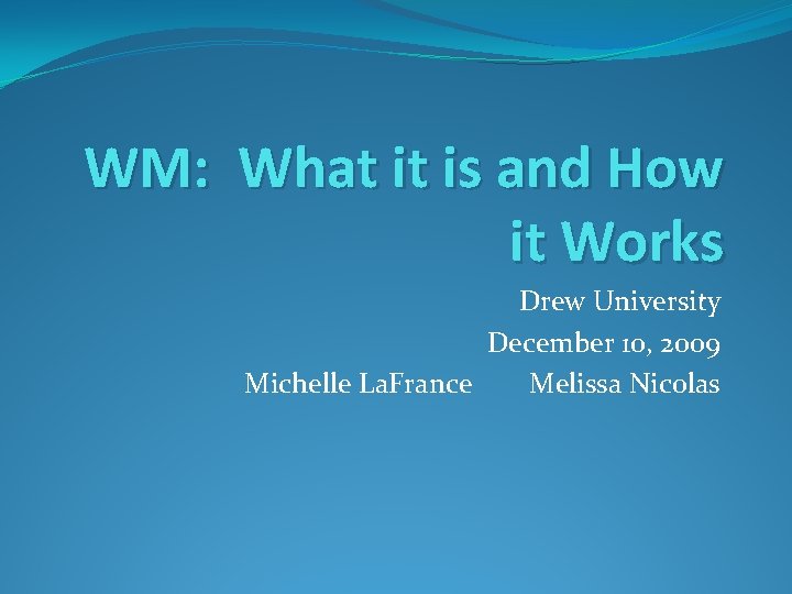 WM: What it is and How it Works Drew University December 10, 2009 Michelle