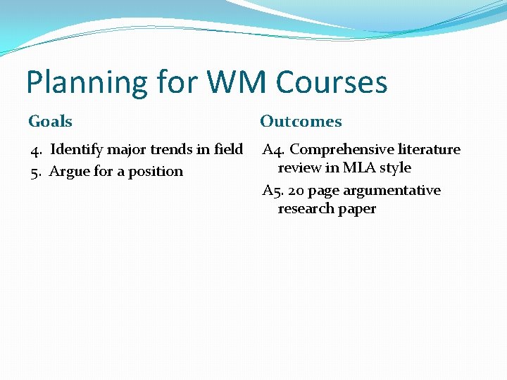 Planning for WM Courses Goals Outcomes 4. Identify major trends in field 5. Argue