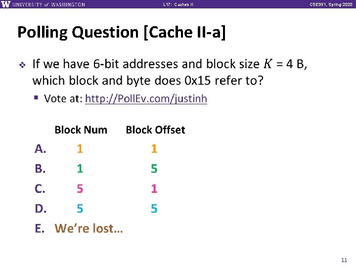 L 17: Caches II CSE 351, Spring 2020 Polling Question [Cache II-a] v 11