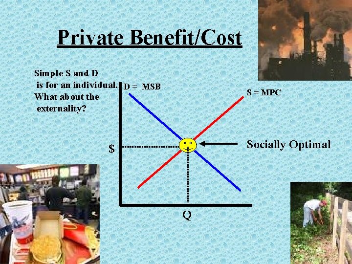 Private Benefit/Cost Simple S and D is for an individual. D = MSB What