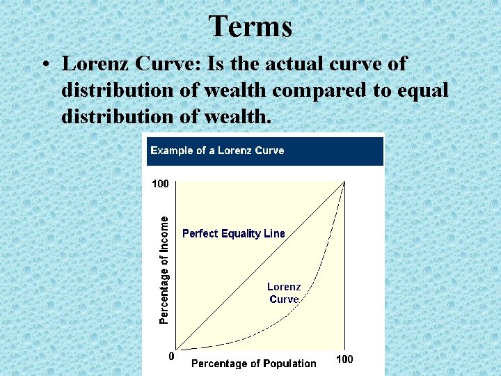 Terms • Lorenz Curve: Is the actual curve of distribution of wealth compared to