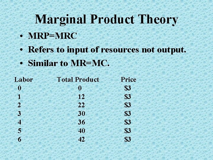 Marginal Product Theory • MRP=MRC • Refers to input of resources not output. •