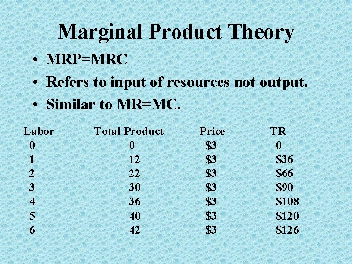 Marginal Product Theory • MRP=MRC • Refers to input of resources not output. •