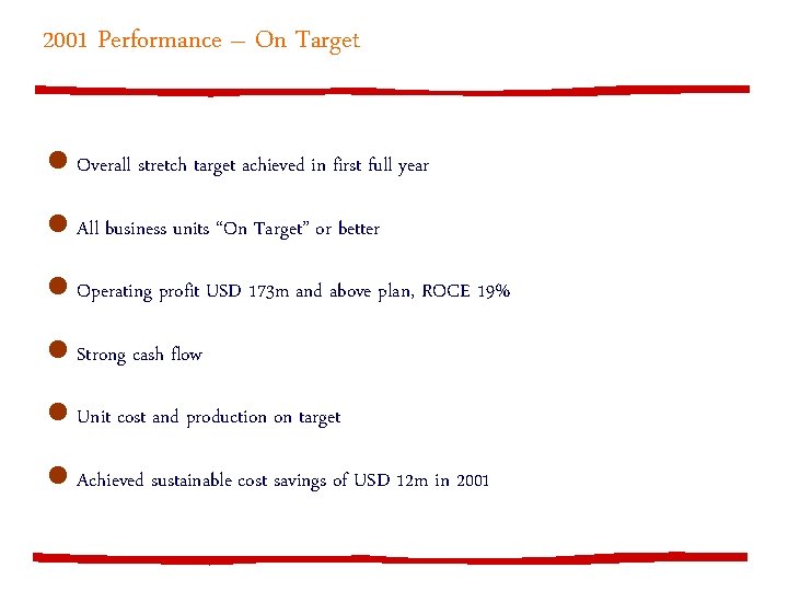 2001 Performance – On Target l Overall stretch target achieved in first full year