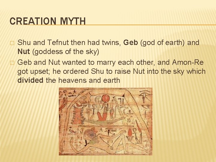 CREATION MYTH � � Shu and Tefnut then had twins, Geb (god of earth) CREATION MYTH � � Shu and Tefnut then had twins, Geb (god of earth)